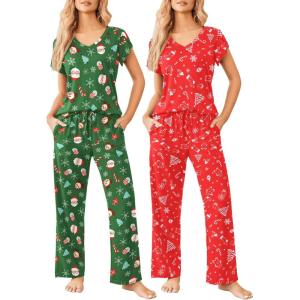 imageEkouaer 2 Pack Womens Pajamas Short Sleeve Sleepwear Top with Pants SuperSoft Printed Lounge Sets SXXLChristmas RedChristmas Green