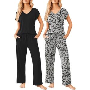 imageEkouaer 2 Pack Womens Pajamas Short Sleeve Sleepwear Top with Pants SuperSoft Printed Lounge Sets SXXLGray LeopardBlack