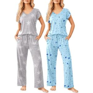 imageEkouaer 2 Pack Womens Pajamas Short Sleeve Sleepwear Top with Pants SuperSoft Printed Lounge Sets SXXLGray StarBlue Star
