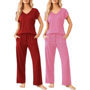 imageEkouaer 2 Pack Womens Pajamas Short Sleeve Sleepwear Top with Pants SuperSoft Printed Lounge Sets SXXLWine RedRed Stripe