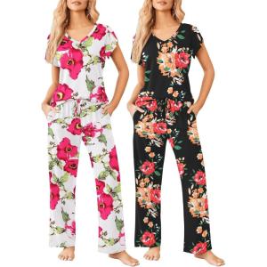 imageEkouaer 2 Pack Womens Pajamas Short Sleeve Sleepwear Top with Pants SuperSoft Printed Lounge Sets SXXLZblack FlowerWhite Flower