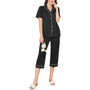 imageEkouaer Capri Pajamas for Women Short Sleeve Button Down Sleepwear Comfy Lounge Set 2Piece Pants PjsBlack