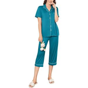 imageEkouaer Capri Pajamas for Women Short Sleeve Button Down Sleepwear Comfy Lounge Set 2Piece Pants PjsBlue Green