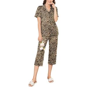 imageEkouaer Capri Pajamas for Women Short Sleeve Button Down Sleepwear Comfy Lounge Set 2Piece Pants PjsBrown Black