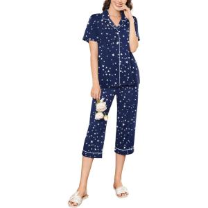 imageEkouaer Capri Pajamas for Women Short Sleeve Button Down Sleepwear Comfy Lounge Set 2Piece Pants PjsDark Blue White