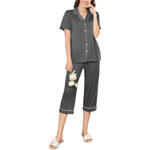 imageEkouaer Capri Pajamas for Women Short Sleeve Button Down Sleepwear Comfy Lounge Set 2Piece Pants PjsDark Gray