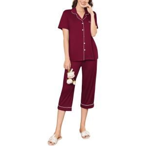 imageEkouaer Capri Pajamas for Women Short Sleeve Button Down Sleepwear Comfy Lounge Set 2Piece Pants PjsDark Red