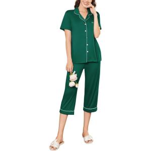 imageEkouaer Capri Pajamas for Women Short Sleeve Button Down Sleepwear Comfy Lounge Set 2Piece Pants PjsLake Green