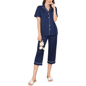 imageEkouaer Capri Pajamas for Women Short Sleeve Button Down Sleepwear Comfy Lounge Set 2Piece Pants PjsNavy Blue