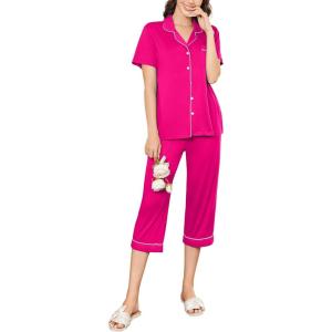 imageEkouaer Capri Pajamas for Women Short Sleeve Button Down Sleepwear Comfy Lounge Set 2Piece Pants PjsRose Red