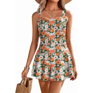 imageEkouaer Swim Dress One Piece Bathing Suit Skirted Swimsuits for Women Ruched Retro Swimwear SXXLGreen Floral