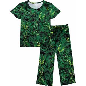 imageEkouaer Womens Pajamas Set Short Sleeve Sleepwear 2 Piece Round Neck Top Capri Pants Loungewear with PocketsBlackDark Green Leaves