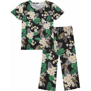 imageEkouaer Womens Pajamas Set Short Sleeve Sleepwear 2 Piece Round Neck Top Capri Pants Loungewear with PocketsBlackWhiteGreen Flower