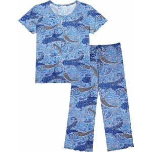 imageEkouaer Womens Pajamas Set Short Sleeve Sleepwear 2 Piece Round Neck Top Capri Pants Loungewear with PocketsBlue Cashew Flower