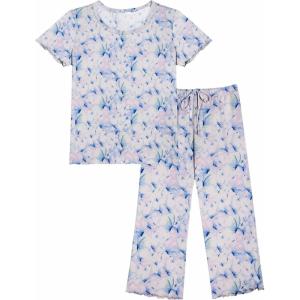 imageEkouaer Womens Pajamas Set Short Sleeve Sleepwear 2 Piece Round Neck Top Capri Pants Loungewear with PocketsBlueWhite Floral