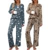 imageEkouaer Womens 2 Pack Pajama Set Long Sleeve Pajamas Top and Pants V Neck Pjs Set Soft Loungewear with PocketsLeopard grey Star