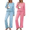 imageEkouaer Womens 2 Pack Pajama Set Long Sleeve Pajamas Top and Pants V Neck Pjs Set Soft Loungewear with PocketsLight Blue Star  Pink