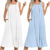 imageEkouaer 2 Pack Nightgowns for Women Sleeveless Long Night Gowns Victorian Nightdress with Pockets Soft Ladies GownWhiteLight Blue