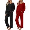 imageEkouaer Womens 2 Pack Pajama Set Long Sleeve Pajamas Top and Pants V Neck Pjs Set Soft Loungewear with PocketsBlack wine Red