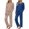 imageEkouaer Womens 2 Pack Pajama Set Long Sleeve Pajamas Top and Pants V Neck Pjs Set Soft Loungewear with PocketsDark Khaki navy Army