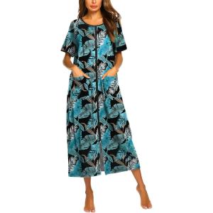 imageEkouaer Women Robes Zipper Front Short Sleeve Full Length Housecoat with Pockets Loungewear S4XLBlack Leaf