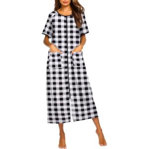 imageEkouaer Women Robes Zipper Front Short Sleeve Full Length Housecoat with Pockets Loungewear S4XLBlack Plaid