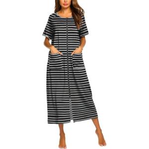 imageEkouaer Women Robes Zipper Front Short Sleeve Full Length Housecoat with Pockets Loungewear S4XLBlack Stripes