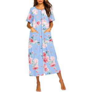 imageEkouaer Women Robes Zipper Front Short Sleeve Full Length Housecoat with Pockets Loungewear S4XLBlue Fower