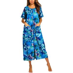 imageEkouaer Women Robes Zipper Front Short Sleeve Full Length Housecoat with Pockets Loungewear S4XLDark Blue Fower