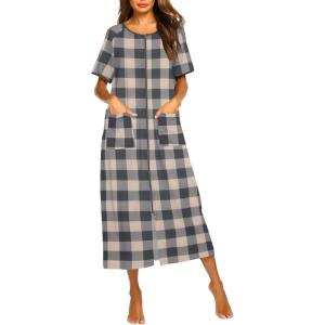 imageEkouaer Women Robes Zipper Front Short Sleeve Full Length Housecoat with Pockets Loungewear S4XLGray Plaid