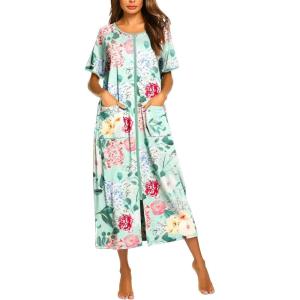 imageEkouaer Women Robes Zipper Front Short Sleeve Full Length Housecoat with Pockets Loungewear S4XLGreen Flower