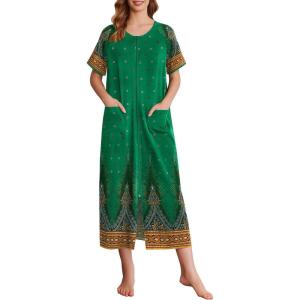 imageEkouaer Women Robes Zipper Front Short Sleeve Full Length Housecoat with Pockets Loungewear S4XLGreen Leaves