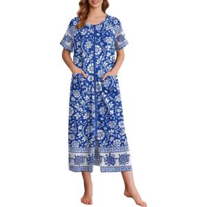 imageEkouaer Women Robes Zipper Front Short Sleeve Full Length Housecoat with Pockets Loungewear S4XLLight Blue Flower
