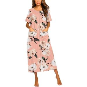 imageEkouaer Women Robes Zipper Front Short Sleeve Full Length Housecoat with Pockets Loungewear S4XLPink Fower