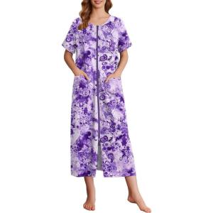 imageEkouaer Women Robes Zipper Front Short Sleeve Full Length Housecoat with Pockets Loungewear S4XLPurple Flower