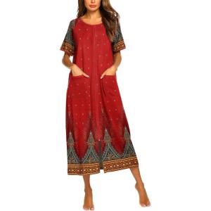 imageEkouaer Women Robes Zipper Front Short Sleeve Full Length Housecoat with Pockets Loungewear S4XLRed Flower