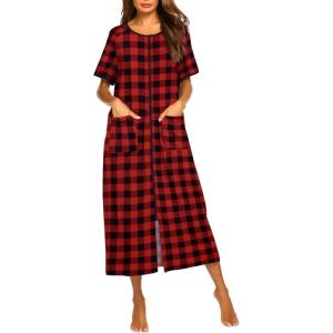imageEkouaer Women Robes Zipper Front Short Sleeve Full Length Housecoat with Pockets Loungewear S4XLRed Plaid