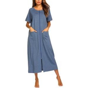 imageEkouaer Women Robes Zipper Front Short Sleeve Full Length Housecoat with Pockets Loungewear S4XLSteel Blue