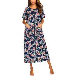 imageEkouaer Women Robes Zipper Front Short Sleeve Full Length Housecoat with Pockets Loungewear S4XLSunflower