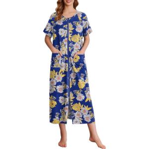 imageEkouaer Women Robes Zipper Front Short Sleeve Full Length Housecoat with Pockets Loungewear S4XLYellow Flower  Blue