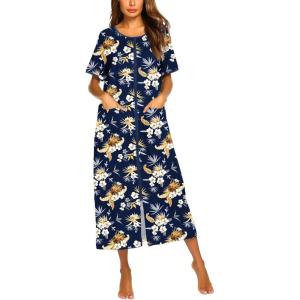 imageEkouaer Women Robes Zipper Front Short Sleeve Full Length Housecoat with Pockets Loungewear S4XLYellow Flower