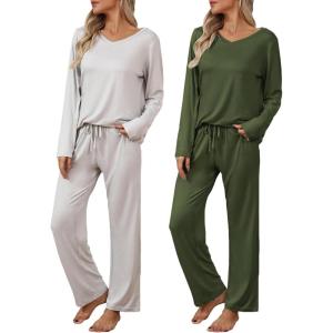 imageEkouaer Womens 2 Pack Pajama Set Long Sleeve Pajamas Top and Pants V Neck Pjs Set Soft Loungewear with PocketsArmy Green  Light Grey