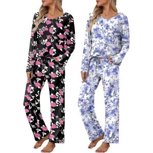 imageEkouaer Womens 2 Pack Pajama Set Long Sleeve Pajamas Top and Pants V Neck Pjs Set Soft Loungewear with PocketsBlack Flower  White Flower