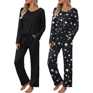 imageEkouaer Womens 2 Pack Pajama Set Long Sleeve Pajamas Top and Pants V Neck Pjs Set Soft Loungewear with PocketsBlack Star  Black