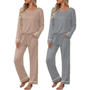 imageEkouaer Womens 2 Pack Pajama Set Long Sleeve Pajamas Top and Pants V Neck Pjs Set Soft Loungewear with PocketsDark Khaki mix Grey