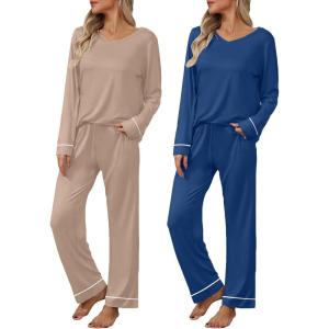 imageEkouaer Womens 2 Pack Pajama Set Long Sleeve Pajamas Top and Pants V Neck Pjs Set Soft Loungewear with PocketsDark Khaki navy Army