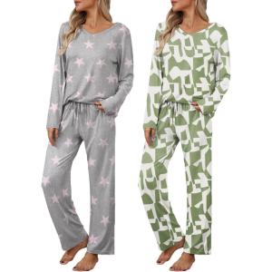 imageEkouaer Womens 2 Pack Pajama Set Long Sleeve Pajamas Top and Pants V Neck Pjs Set Soft Loungewear with PocketsGray Star  White Geometric Patterns