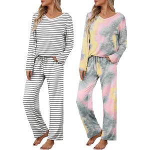 imageEkouaer Womens 2 Pack Pajama Set Long Sleeve Pajamas Top and Pants V Neck Pjs Set Soft Loungewear with PocketsGray Tiedye  White Strip