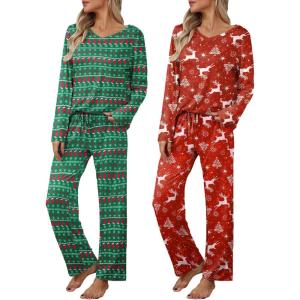 imageEkouaer Womens 2 Pack Pajama Set Long Sleeve Pajamas Top and Pants V Neck Pjs Set Soft Loungewear with PocketsGreen Christmas Snowflake  Red Christmas Elk