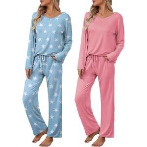 imageEkouaer Womens 2 Pack Pajama Set Long Sleeve Pajamas Top and Pants V Neck Pjs Set Soft Loungewear with PocketsLight Blue Star  Pink
